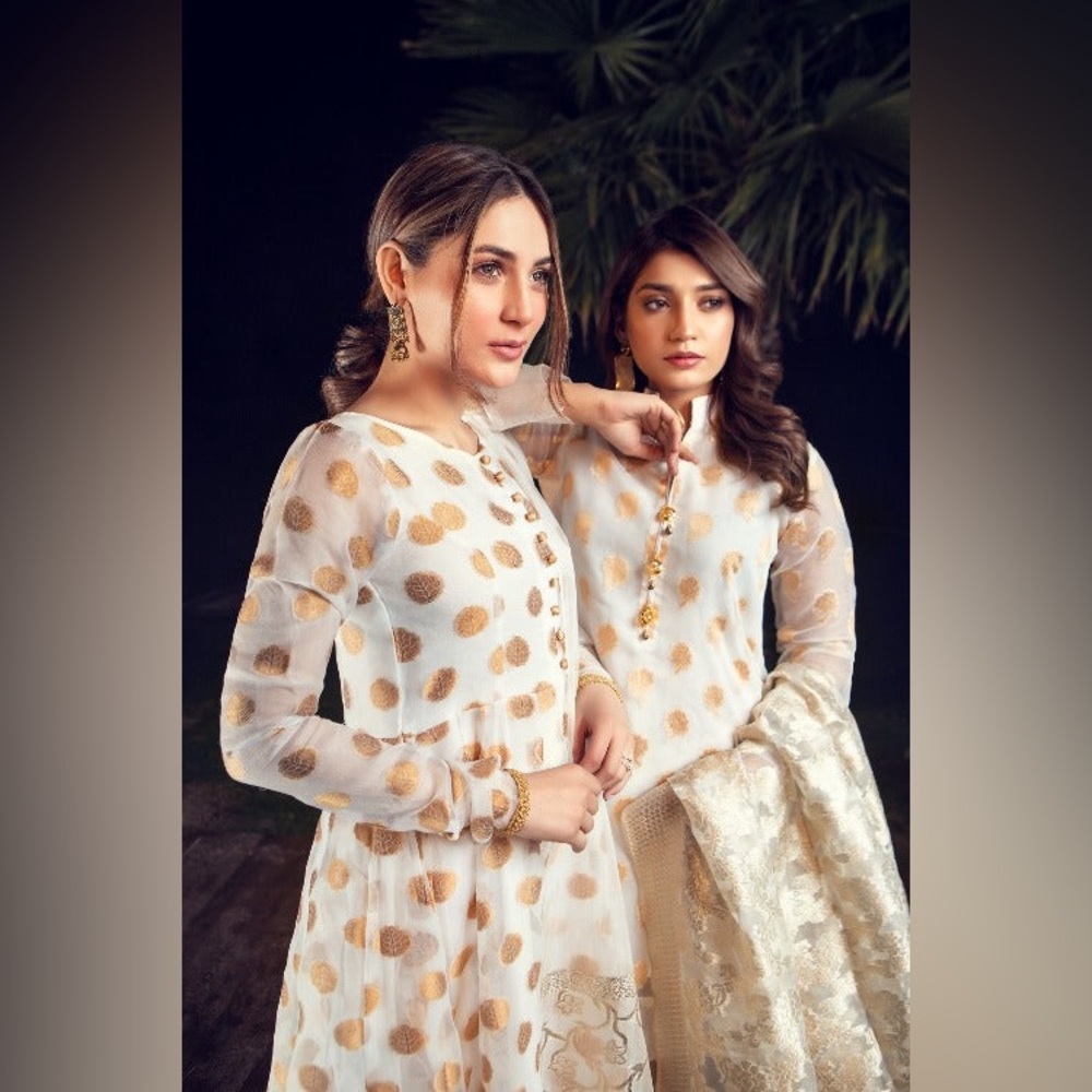 Brand New 3 Piece Designer Pakistani Salwar Kameez Suit - White & Gold Jamdani